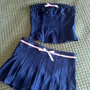 Navy skirt set with pink bow details